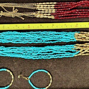 Multi Strand Beaded Necklace Set – Turquoise & Gold + Burgundy Layered Neck